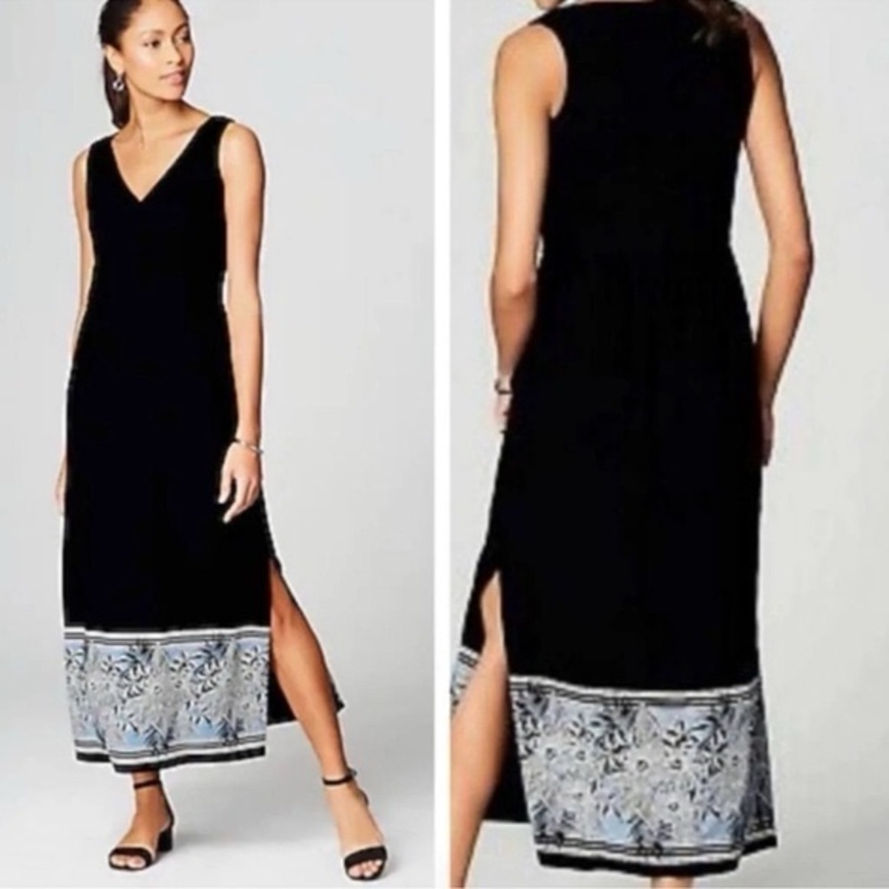 J.Jill Havana Floral Black Maxi Dress Medium Faux Wrap Sleeveless V Neck Border